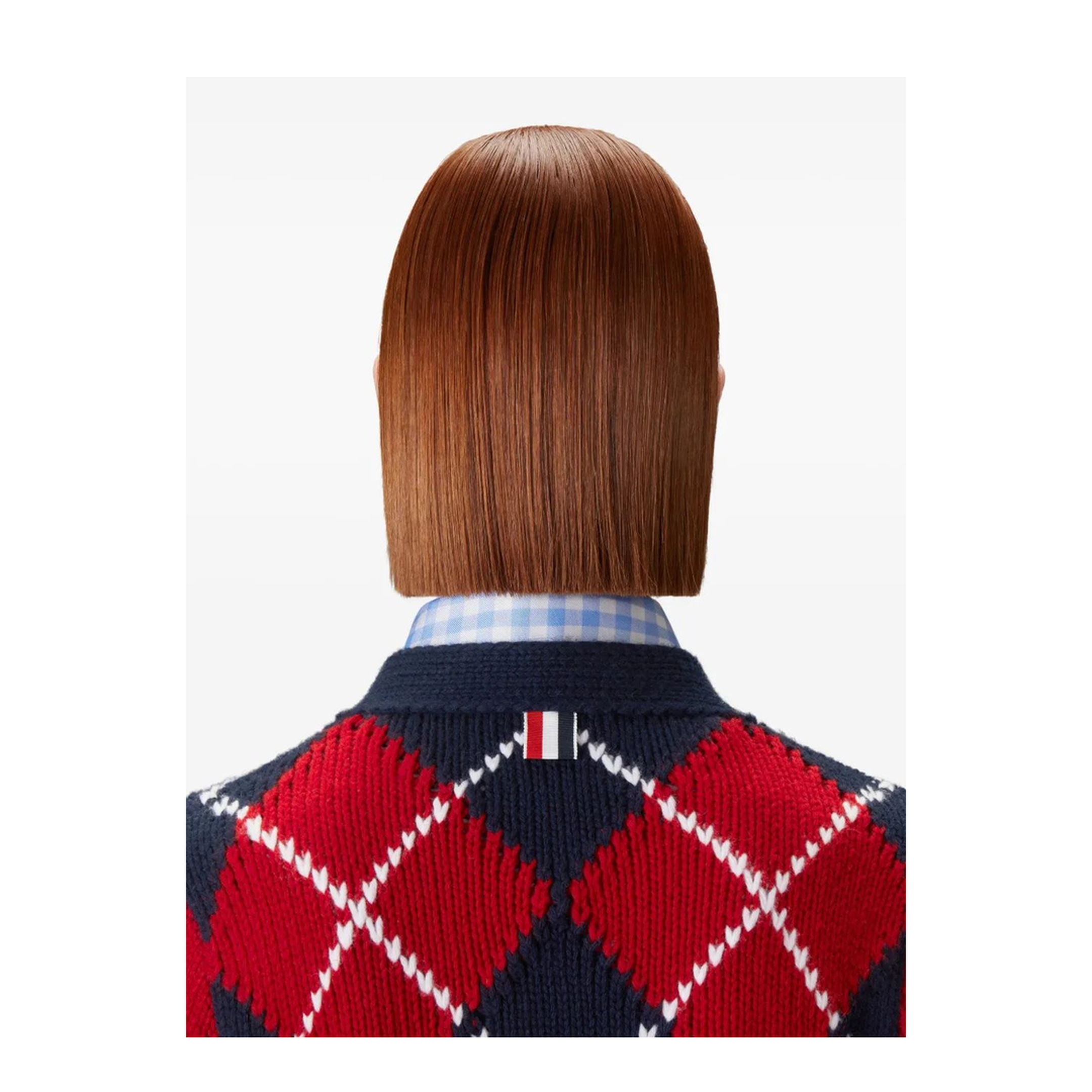 MAYFEYR - Thom Browne - Argyle Jersey Intarsia Shrunken V Neck Cardigan In Chunky Merino Wool W/ Rwb Stripe - FKC679BY1029960