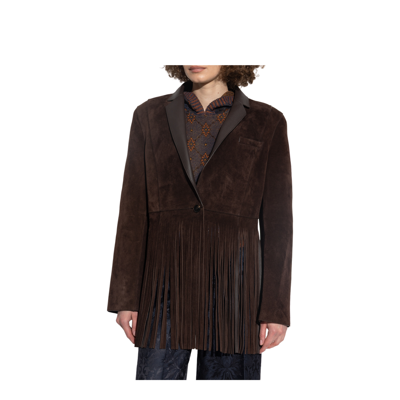 Single-Breasted Suede Jacket with Fringing