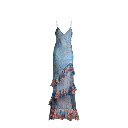 Long Dress in Silk with Ruffles and Floral Motif