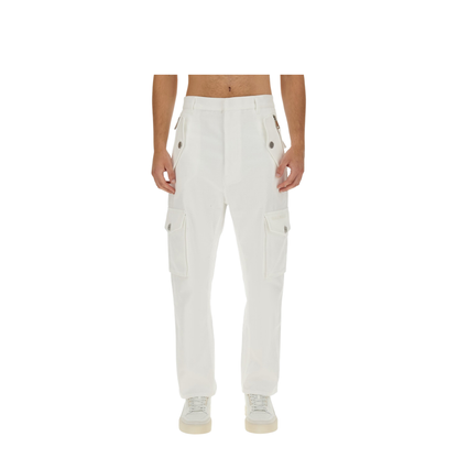 White Cargo Pants Silver Logo Plate