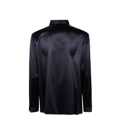 Dark Blue Stretch-Silk Long-Sleeve Shirt