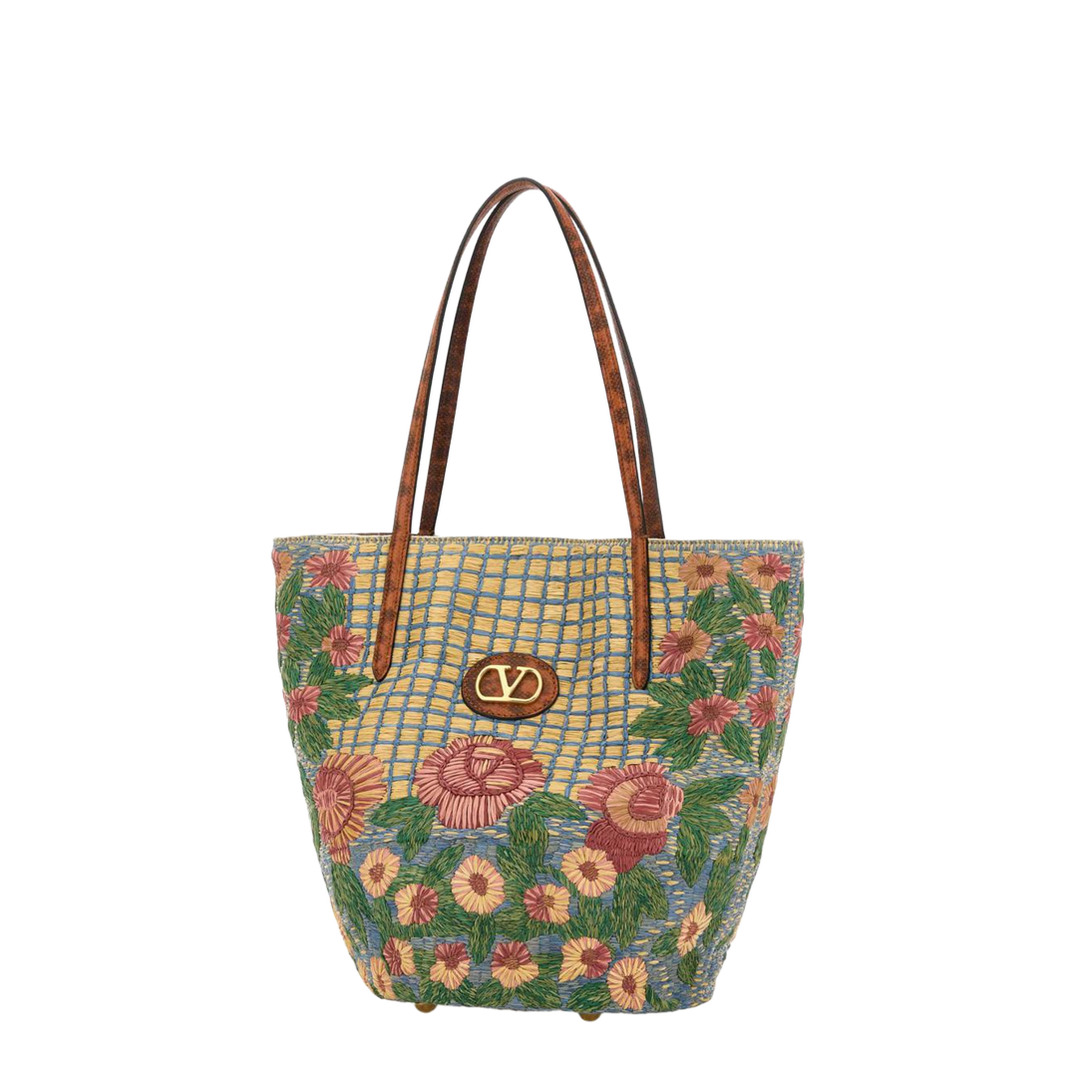 Embroidered Raffia Vlogo Signature Shopping Bag