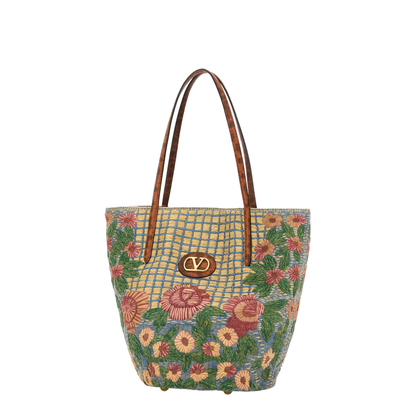 Embroidered Raffia Vlogo Signature Shopping Bag