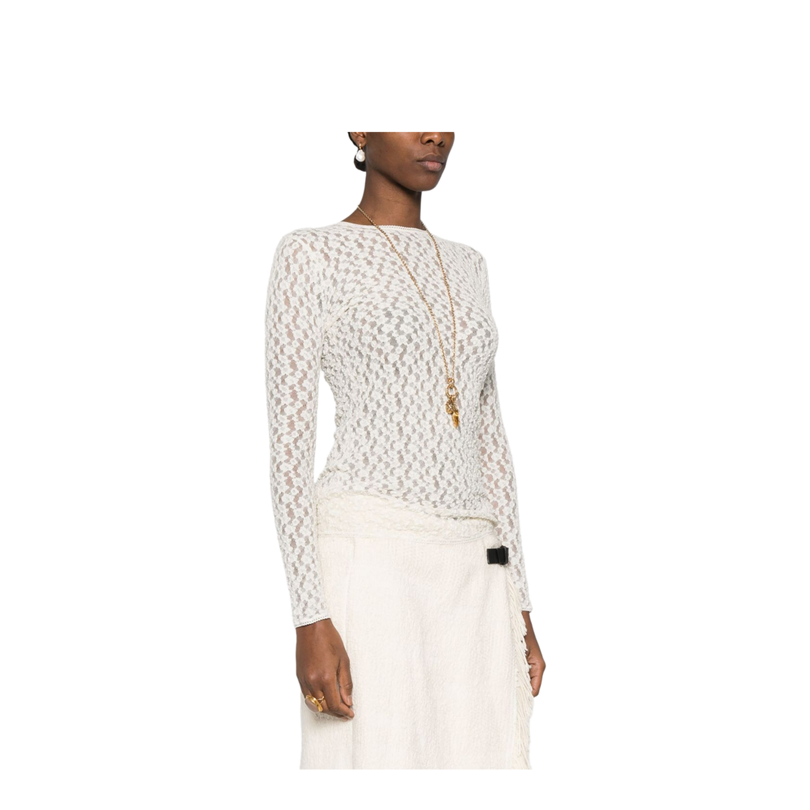 White Crew Neck Long Sleeve Dress with Floral Embroidery