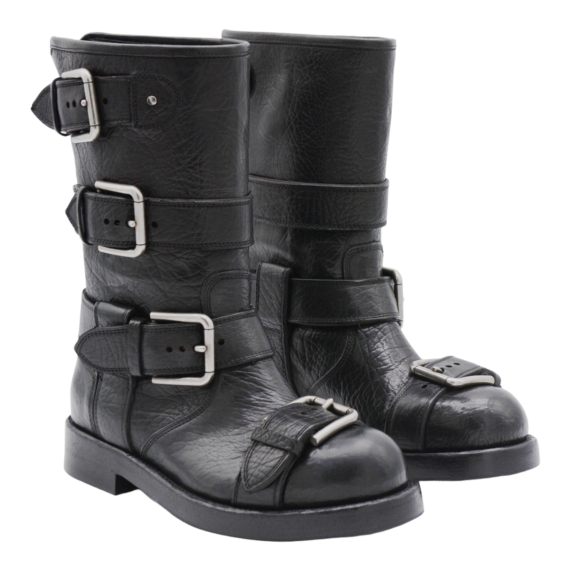 Black leather boots with straps