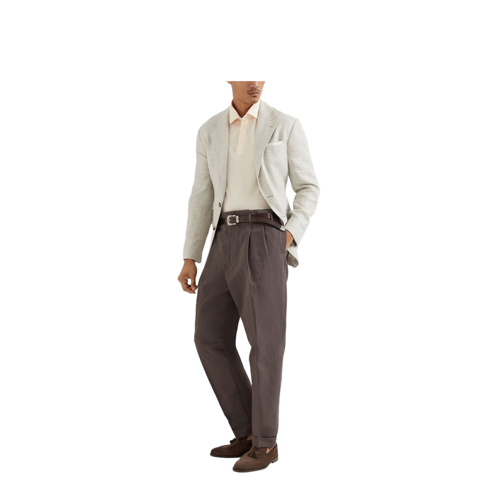 Cotton and linen piqué polo with shirt-style collar