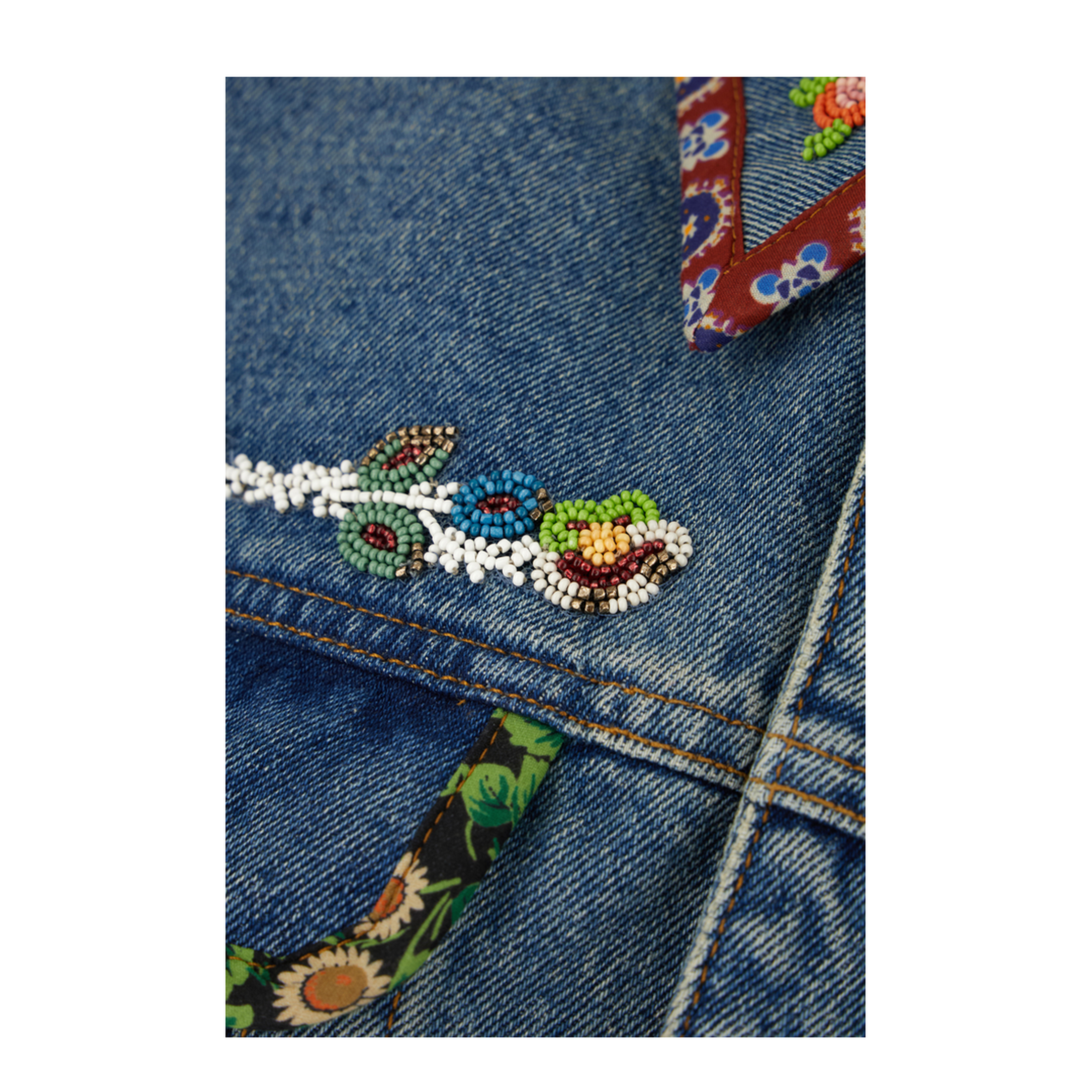 Denim Jacket With Beaded Embroidery And Printed Edges