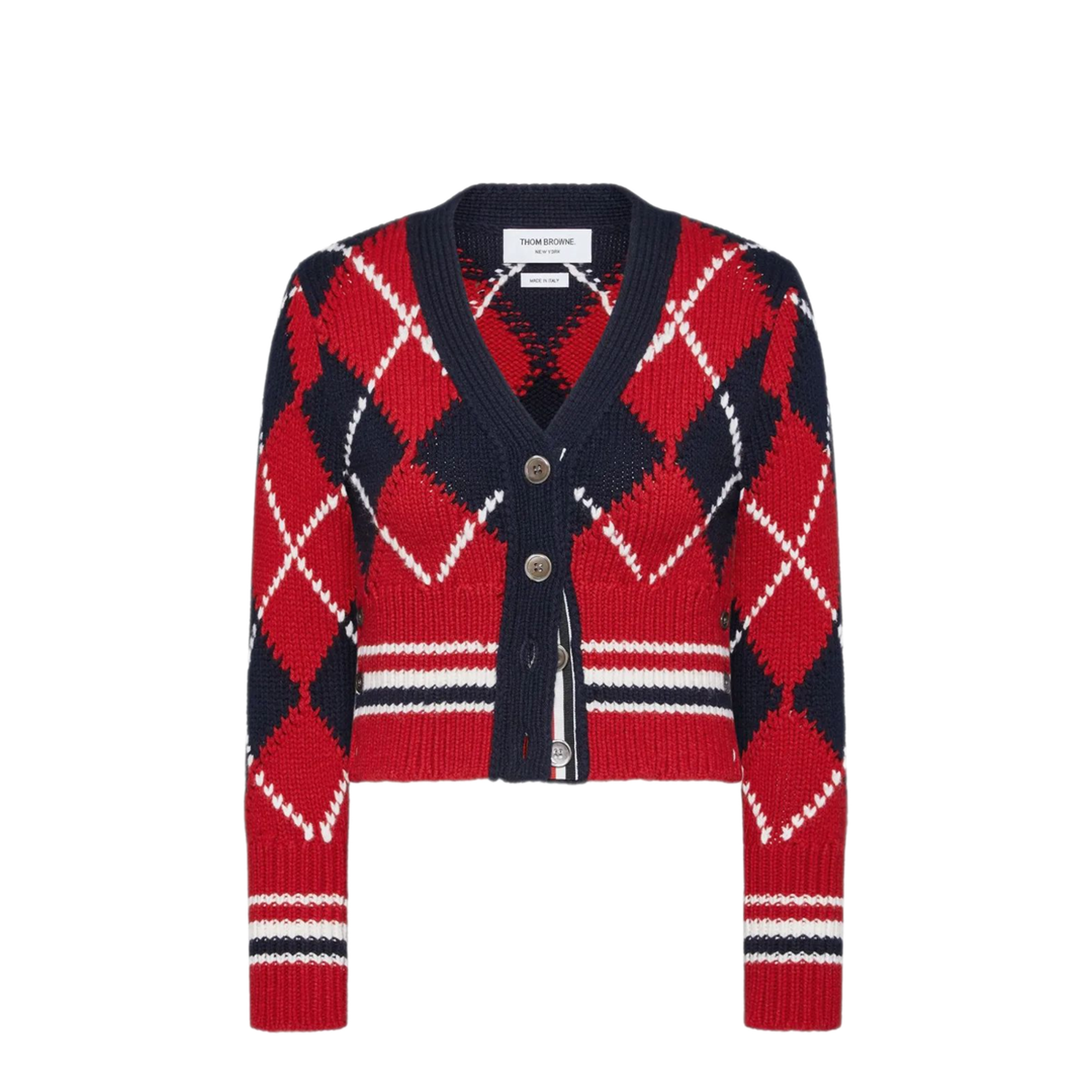 MAYFEYR - Thom Browne - Argyle Jersey Intarsia Shrunken V Neck Cardigan In Chunky Merino Wool W/ Rwb Stripe - FKC679BY1029960