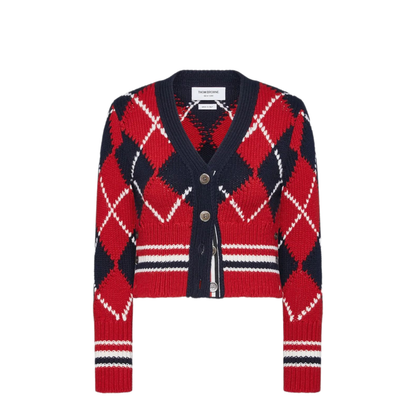 MAYFEYR - Thom Browne - Argyle Jersey Intarsia Shrunken V Neck Cardigan In Chunky Merino Wool W/ Rwb Stripe - FKC679BY1029960