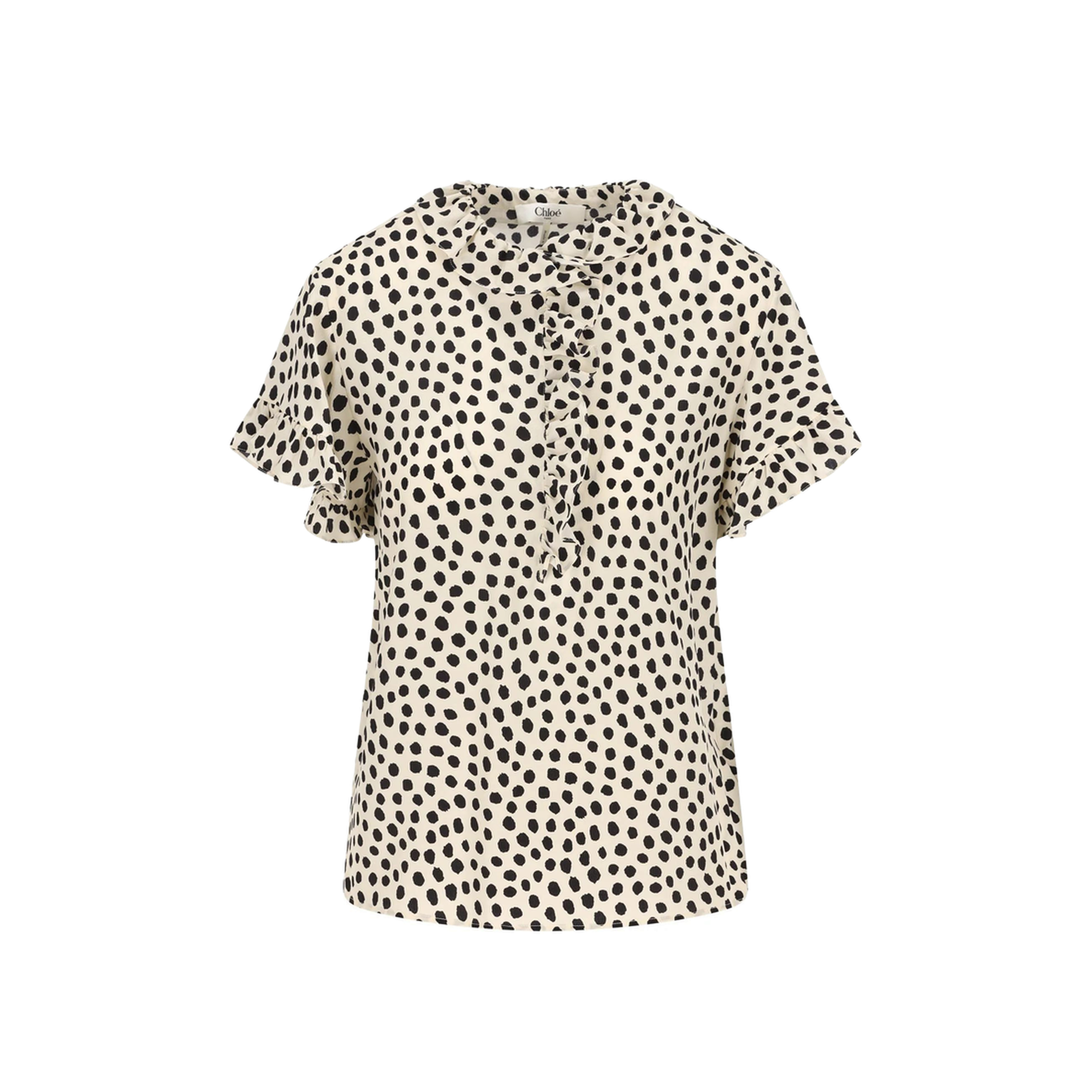 Short-Sleeve Ruffle Top in Crêpe de Chine Beige