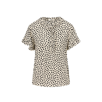 Short-Sleeve Ruffle Top in Crêpe de Chine Beige