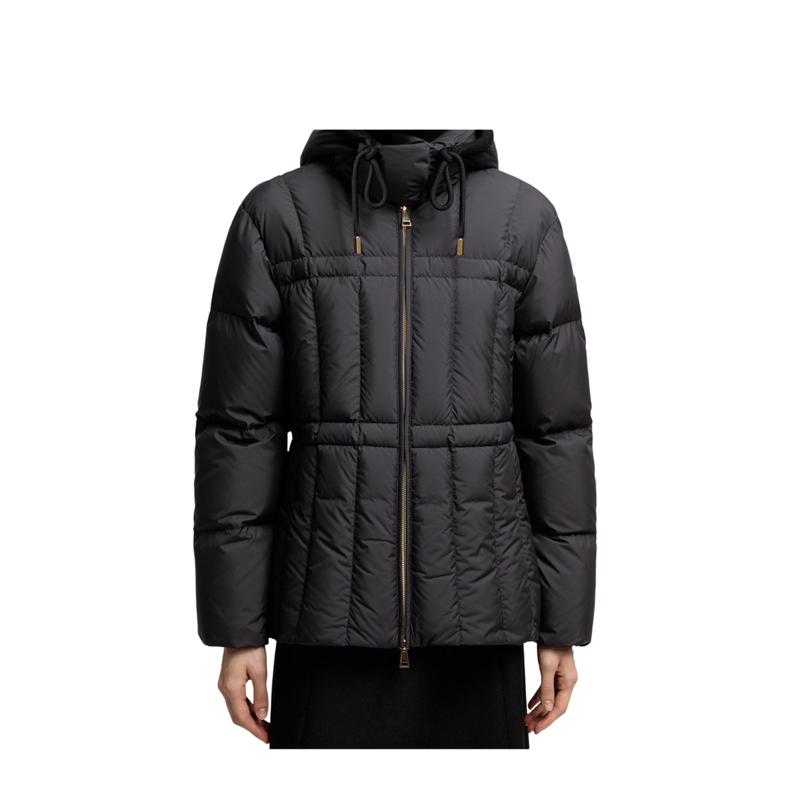 Black Estom Vertical-Quilted Hooded Short Down Jacket