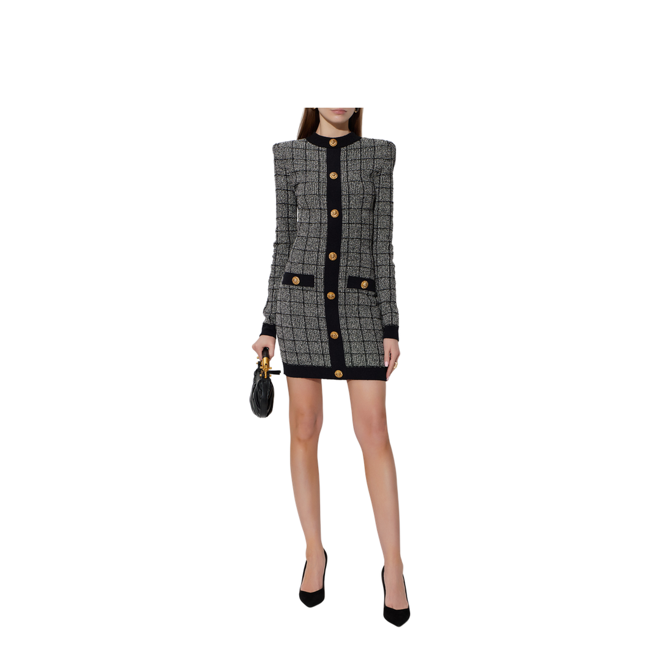 Checked Pattern Tweed Dress Black