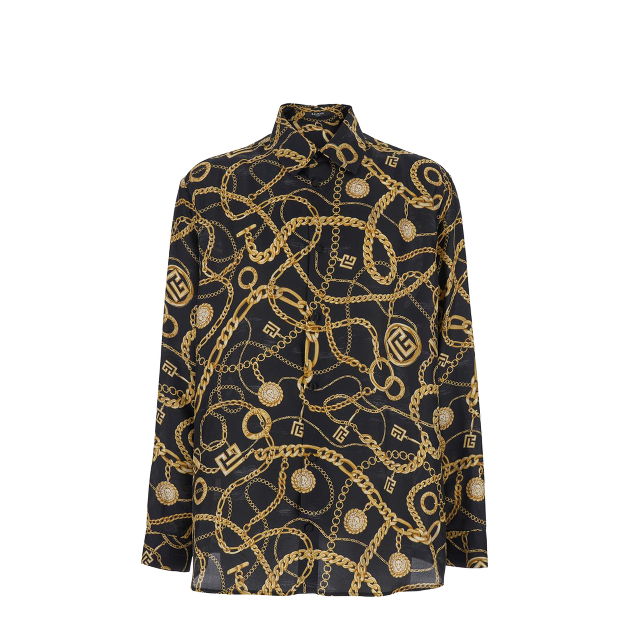 Black Shirt Pointed Collar Chain Print Logo Silk