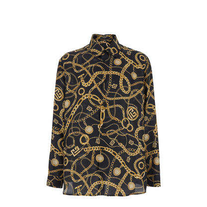 Black Shirt Pointed Collar Chain Print Logo Silk