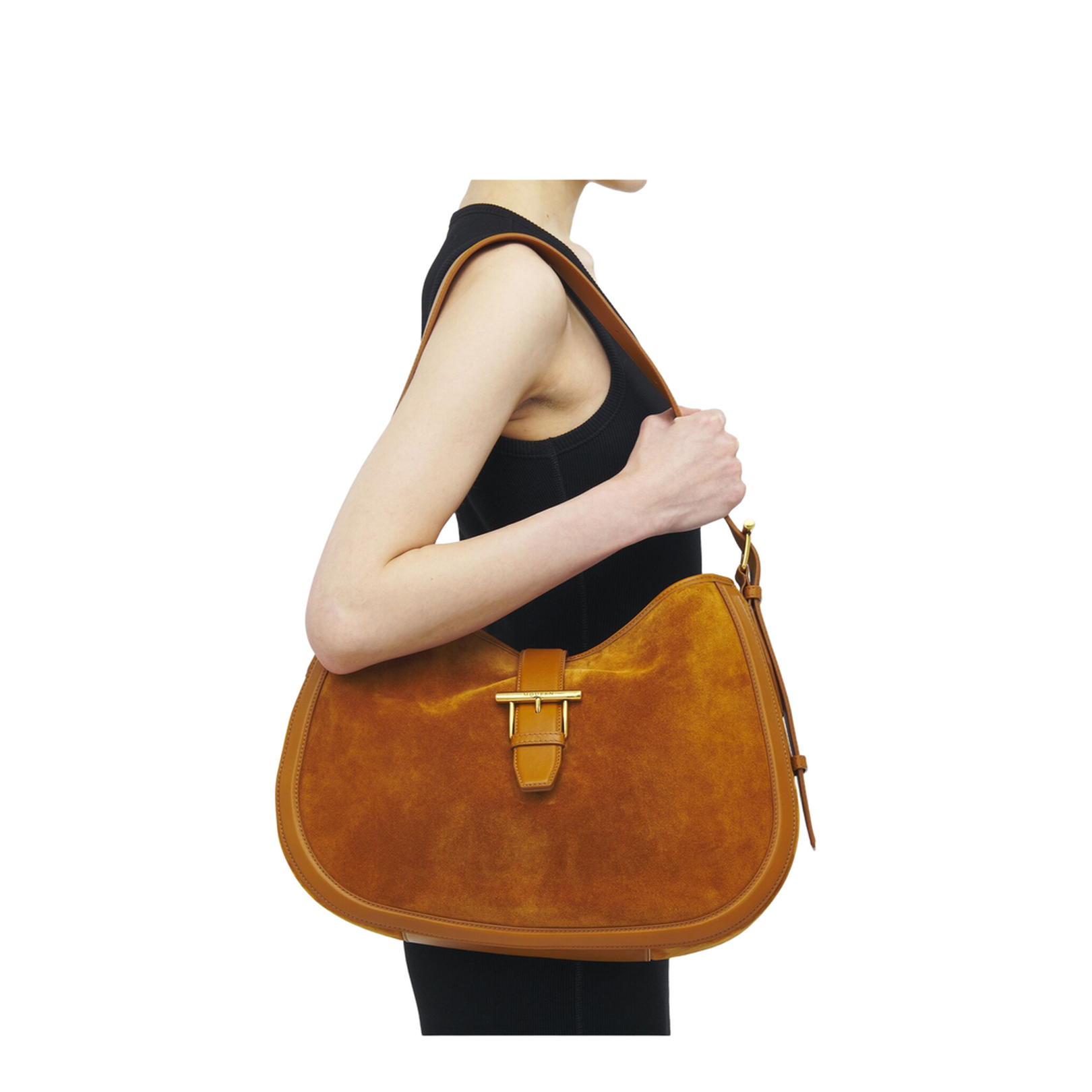 Adjustable Leather Shoulder Bag with Vintage Gold Metal T-Bar Closure