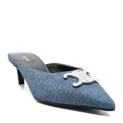 Blue Denim Pointed Toe Mid Heel Slip-On Sandals