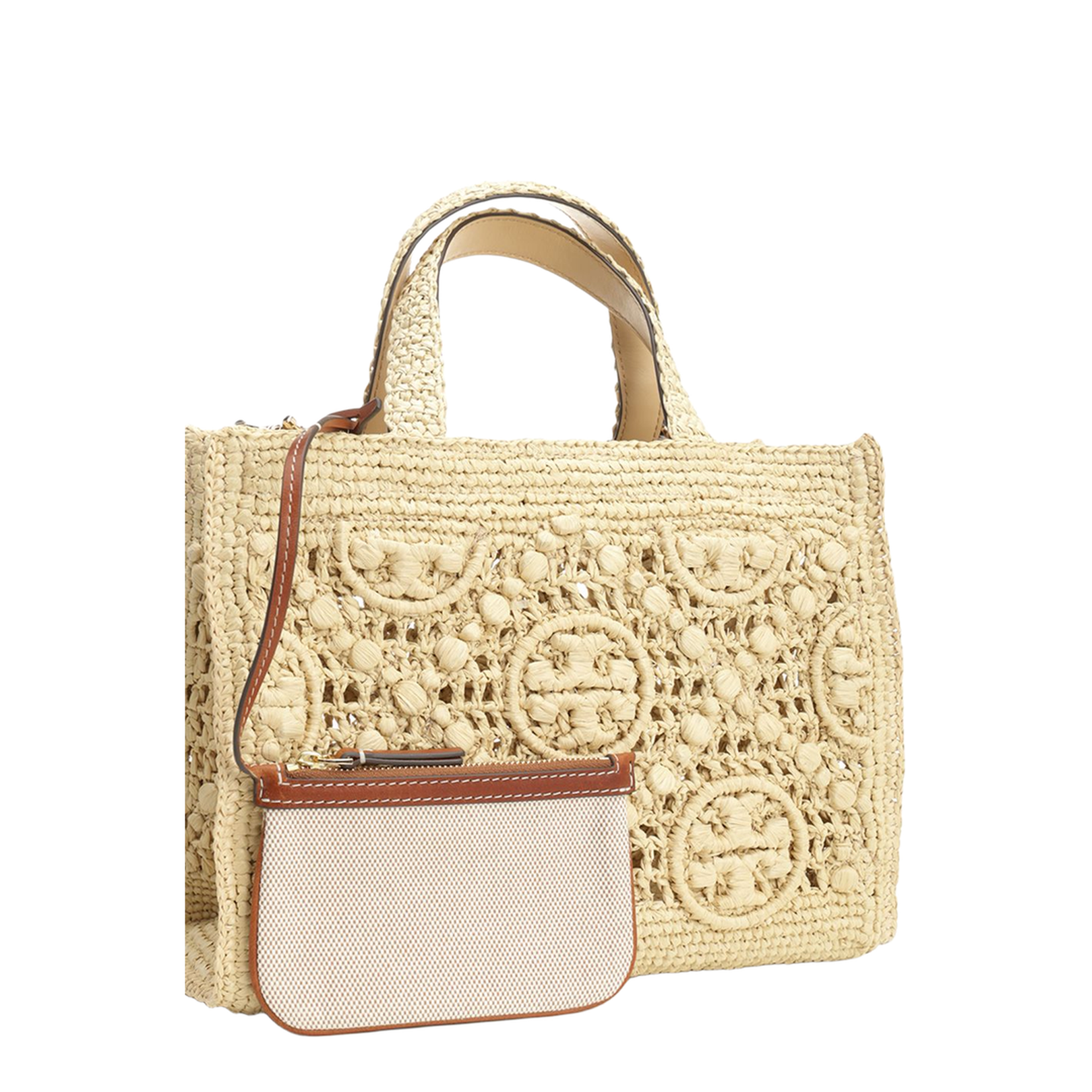 T Monogram Woven Raffia Tote