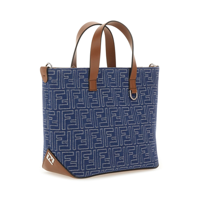 FF Leather Denim Effect FF Jacquard Blue And Brown Small Shopping Bag