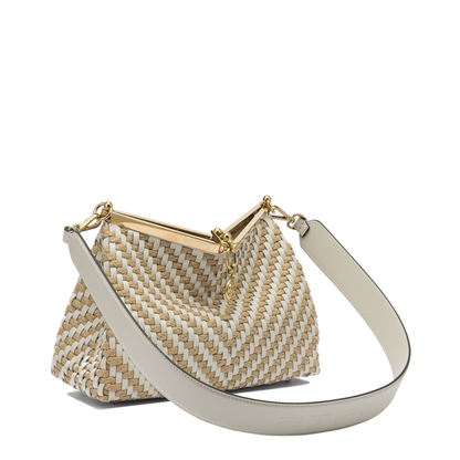 Vela Medium Woven Leather and Raffia Shoulder Bag - White