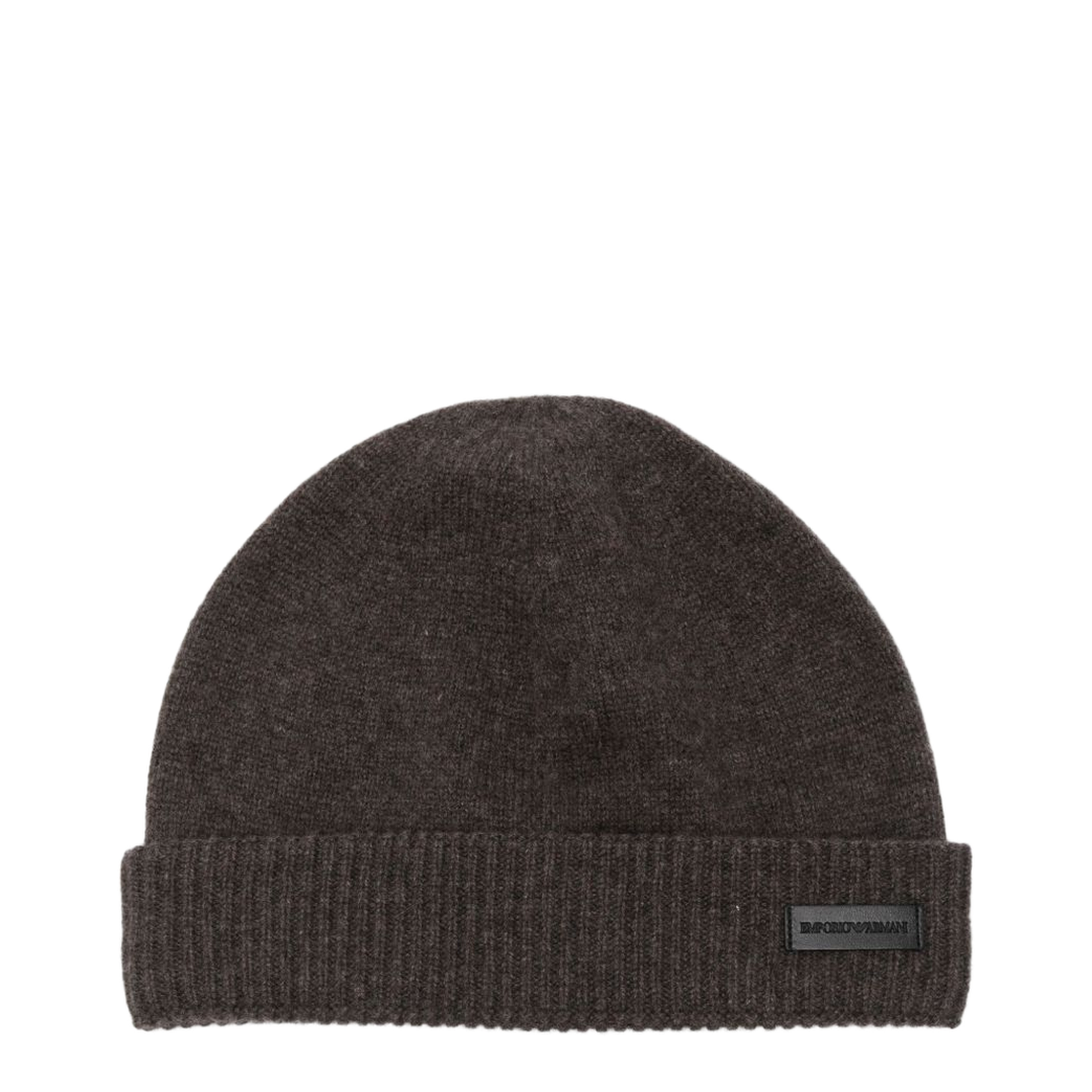 Brown Cashmere Ribbed Knit Turn-Up Brim Logo Patch