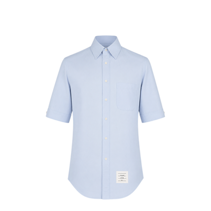 MAYFEYR - Thom Browne - Classic Fit Short Sleeve Shirt With Rwb Grosgrain Placket In Solid Poplin - MWS002E03113480