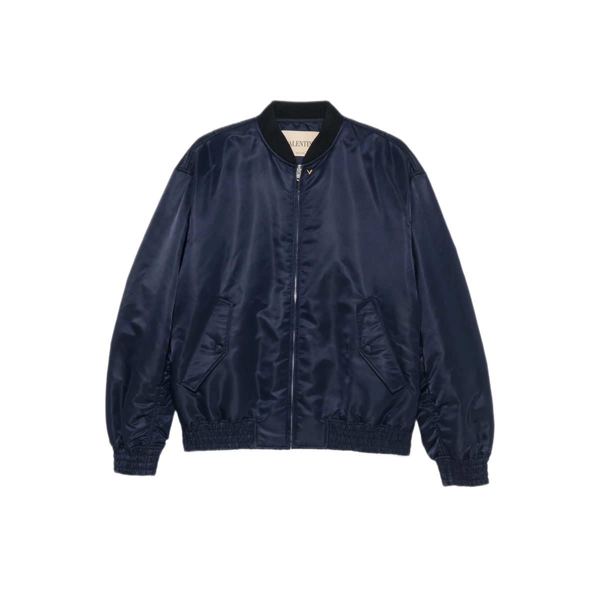 Shiny Navy Blue Zip-Up Bomber Jacket