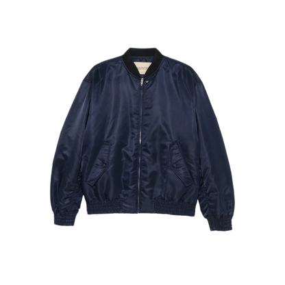 Shiny Navy Blue Zip-Up Bomber Jacket