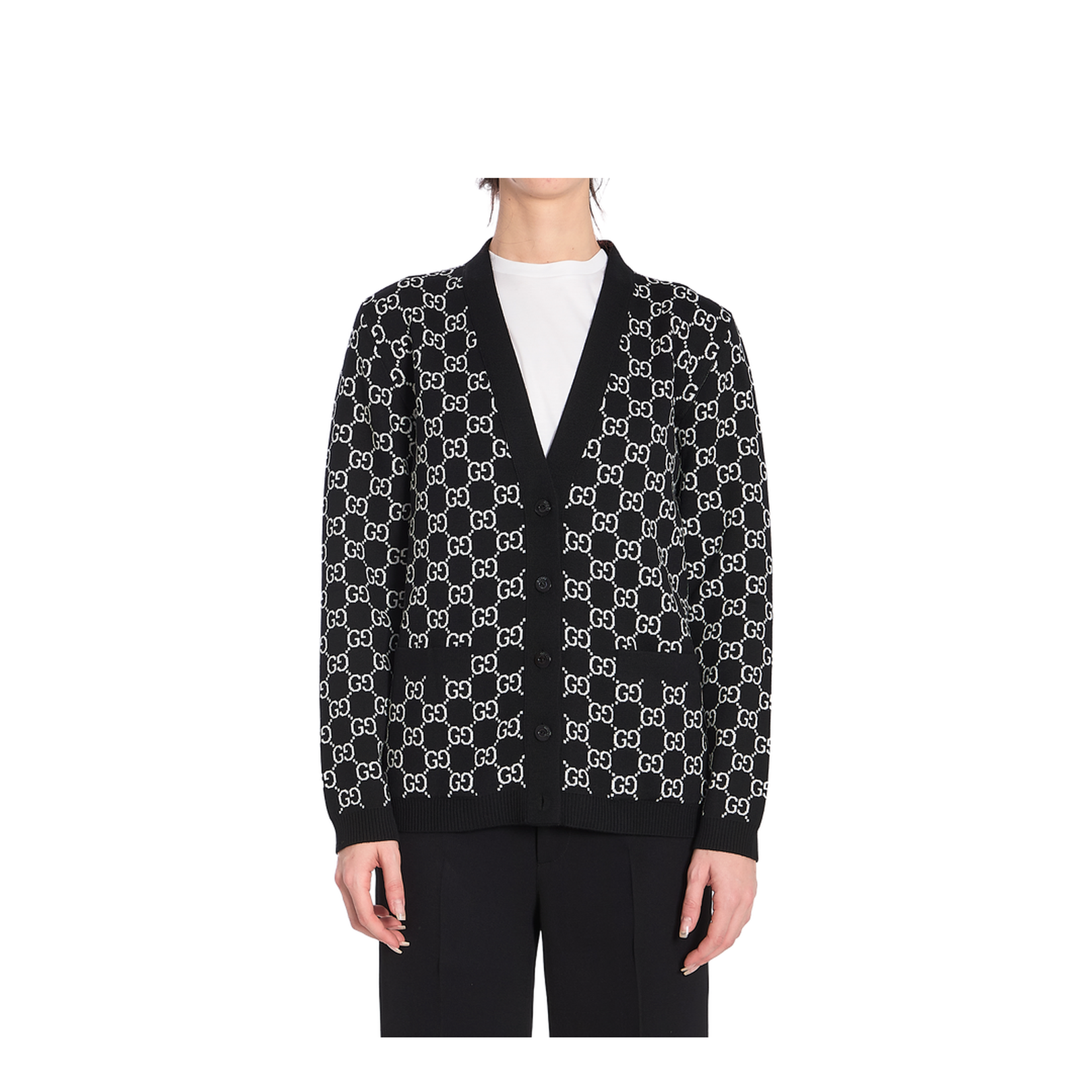 Reversible Wool Jacquard Cardigan in Black and White