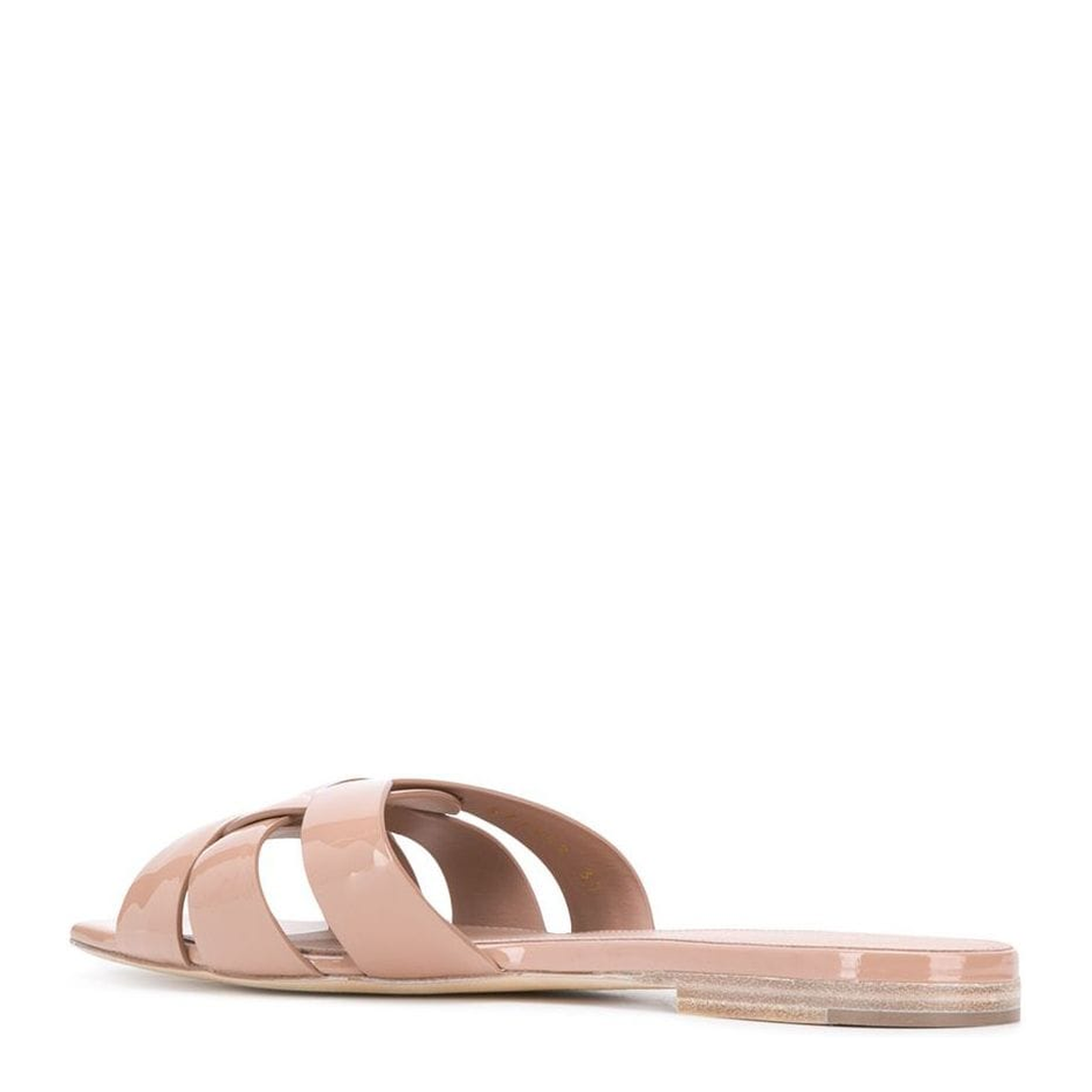 Powder Pink Leather Patent Finish Square Open Toe Multi-Way Strap Design Flat Sole Slip-On Style