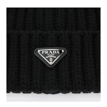 MAYFEYR - Prada - Black Virgin Wool Beanie With Enamelled Triangle Logo - 2HC3902DZLF0002