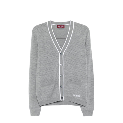 Fine Wool Knit Cardigan with Intarsia