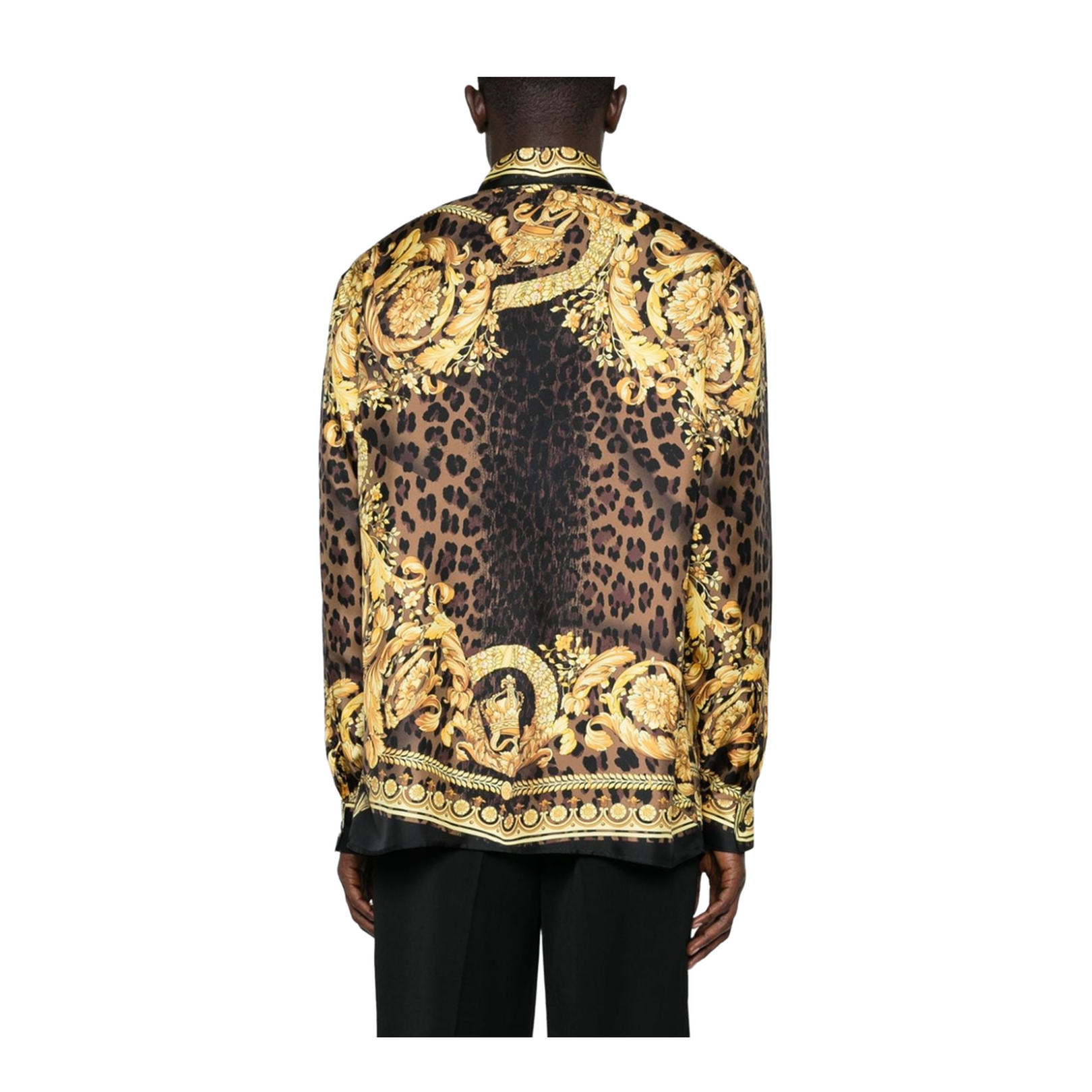 Black Silk Satin Twill Weave Shirt with Barocco and Leopard Print