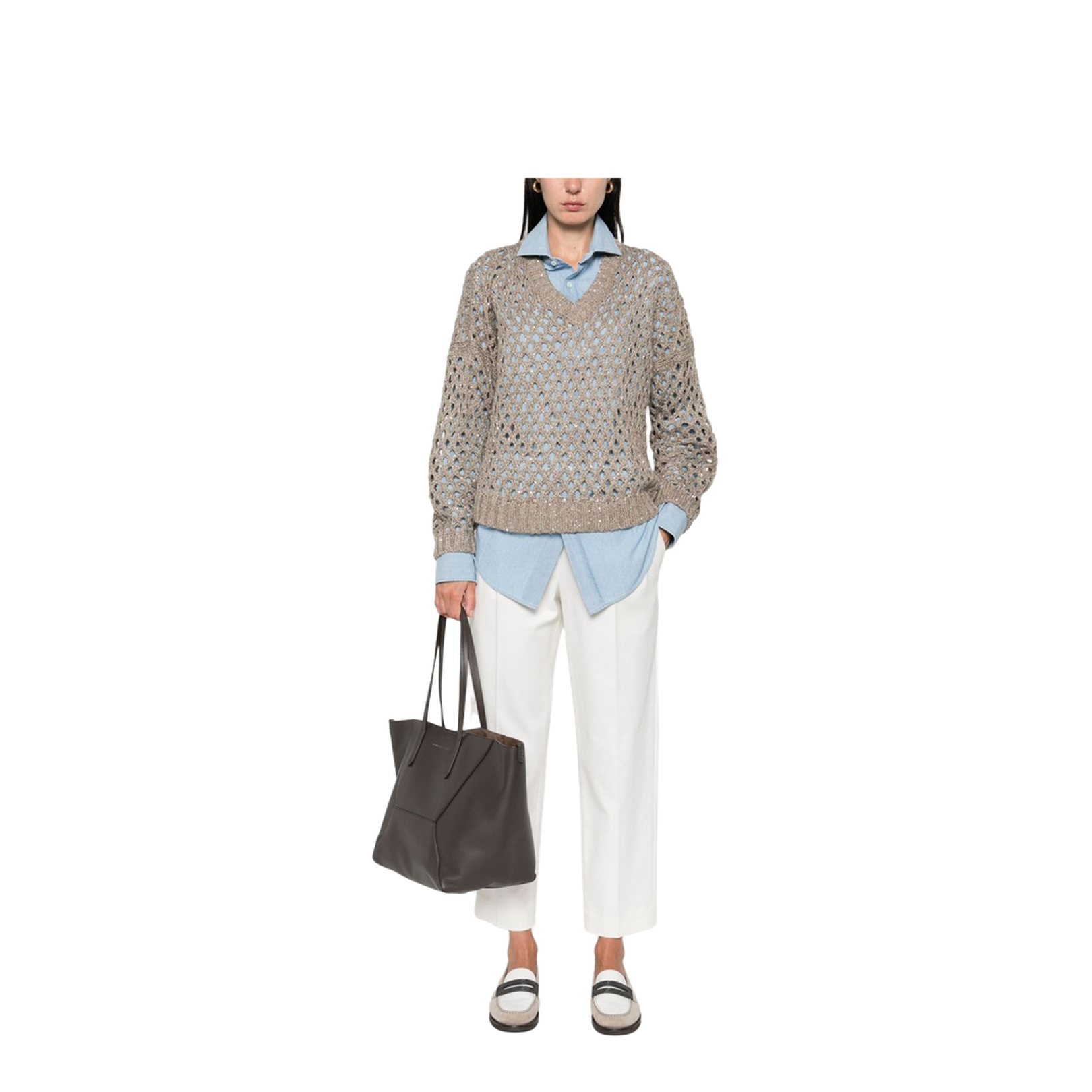 Open-knit V-necked Sweater