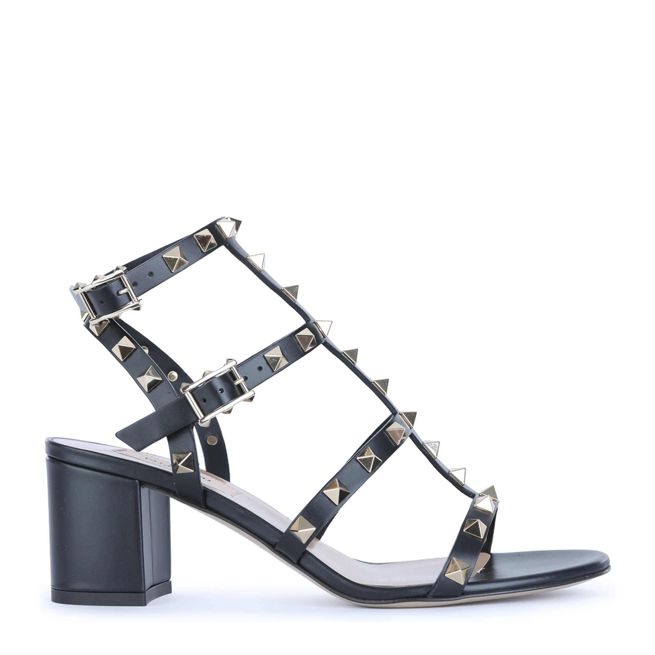 Rockstud Calfskin Leather Sandals with Studs in Black