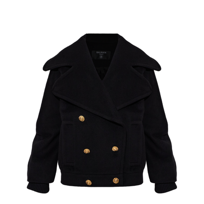 Wool 4 Buttons Pea Coat Black