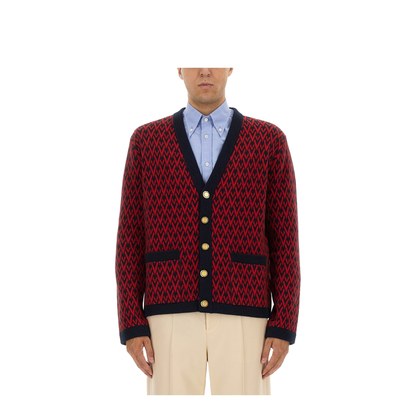 Navy and Red Wool V-Pattern Cardigan