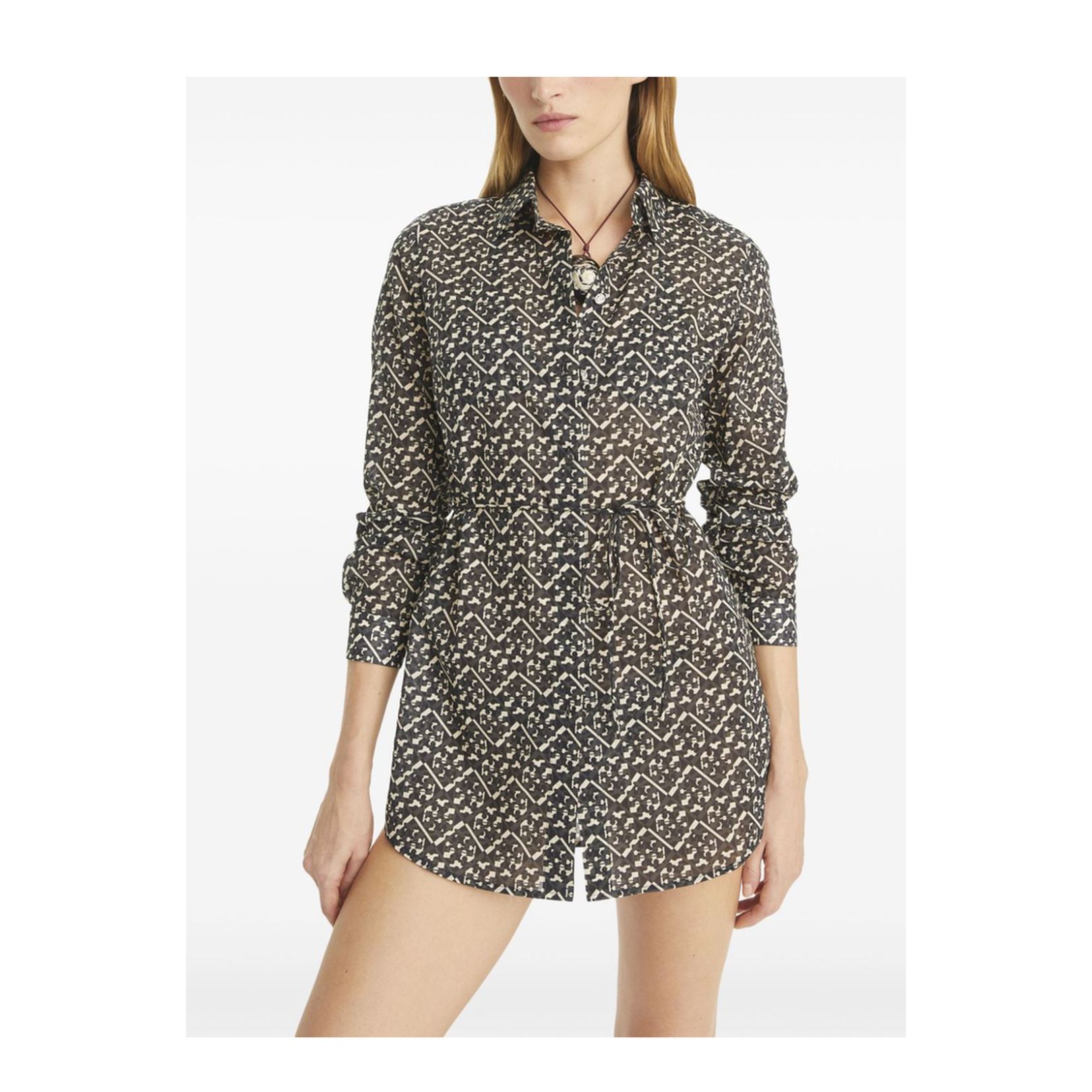 Graphic Print Tunic Belted Waist In Green