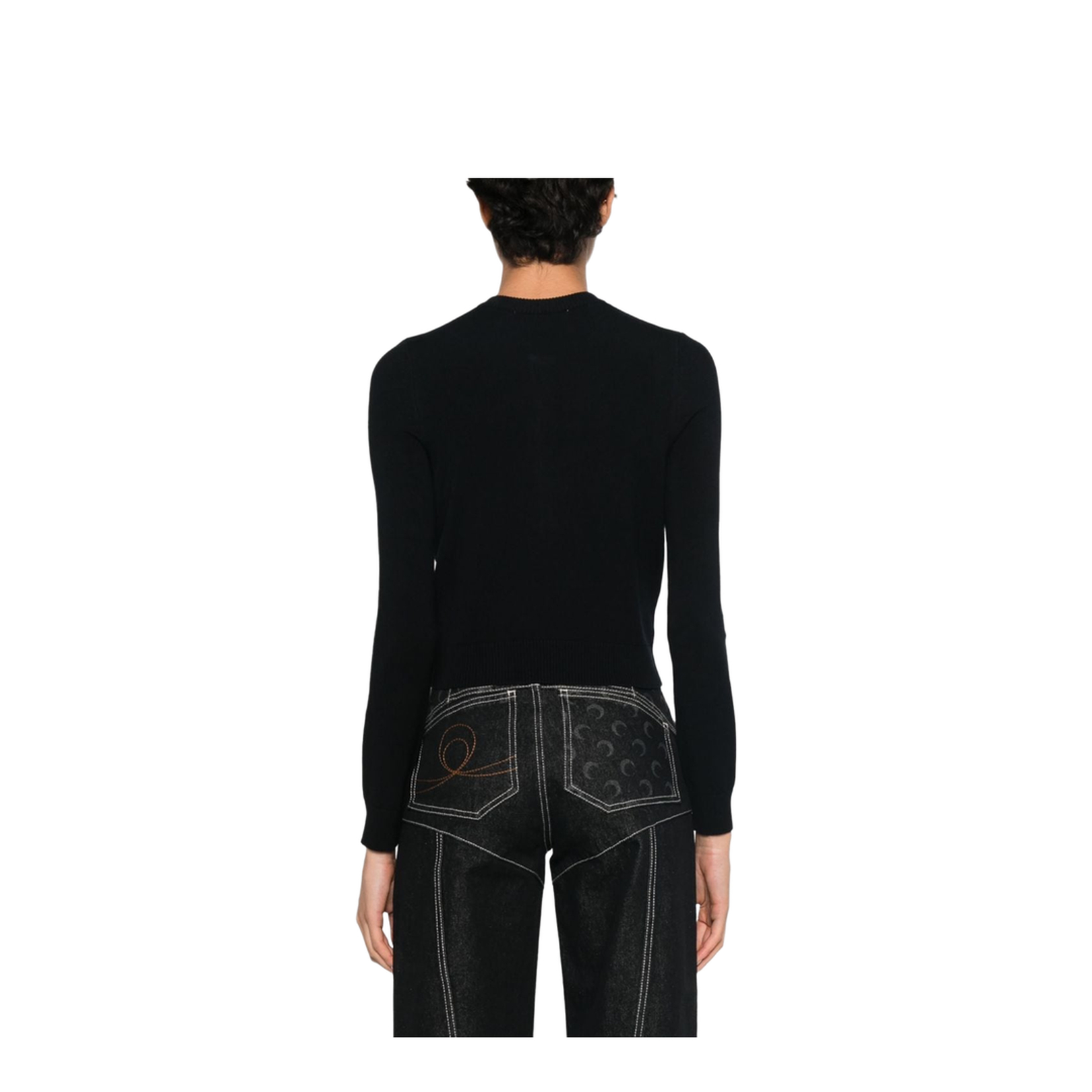 Crescent Moon Embroidery Crew Neck Long Sleeves Front Button Fastening Ribbed Cuffs and Hem