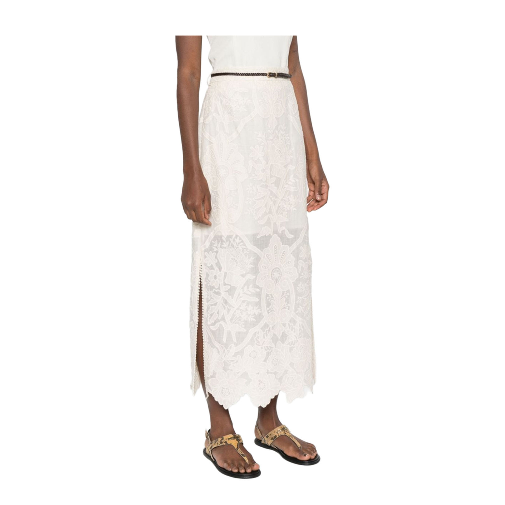 Embroidered Linen Midi Skirt