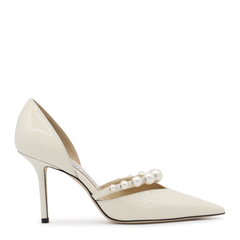 Aurelie 85 Patent Leather Pointed Pumps with Pearl Embellishment - Latte/White