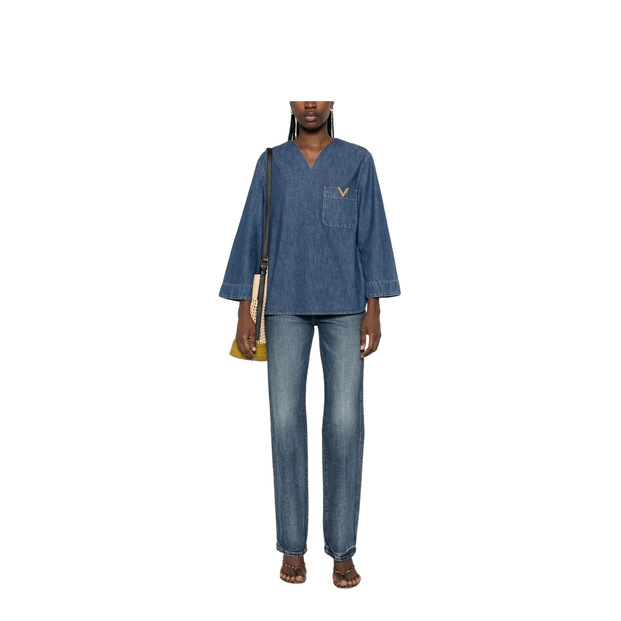 MAYFEYR - Valentino - V-Neck Denim Shirt With Logo - BDB03L9YA