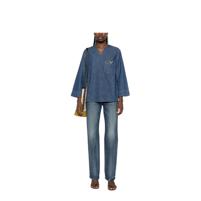 MAYFEYR - Valentino - V-Neck Denim Shirt With Logo - BDB03L9YA