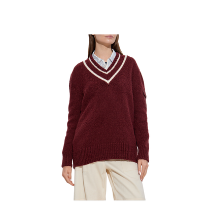 Burgundy Padded V-Neck Cotton & Wool Blend Jumper