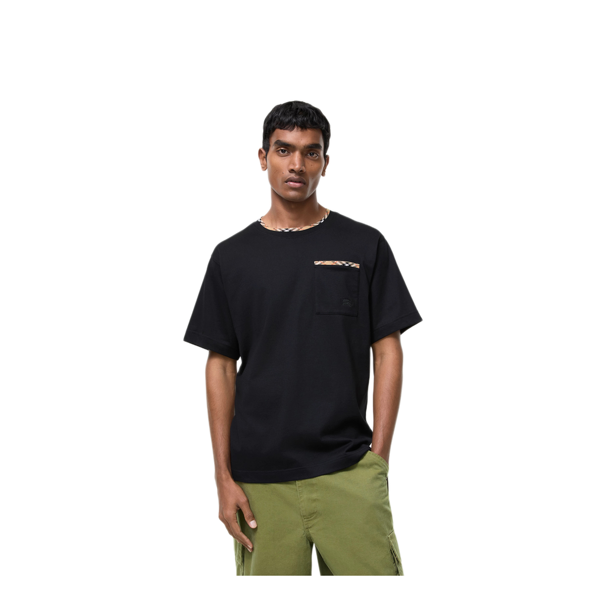 Cotton T Shirt With Check Trims