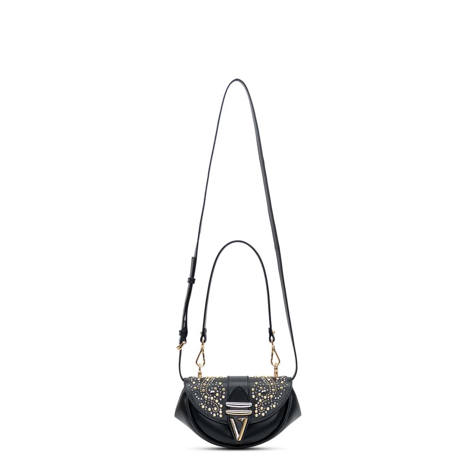 Black Leather Shoulder Bag with Stud Applications