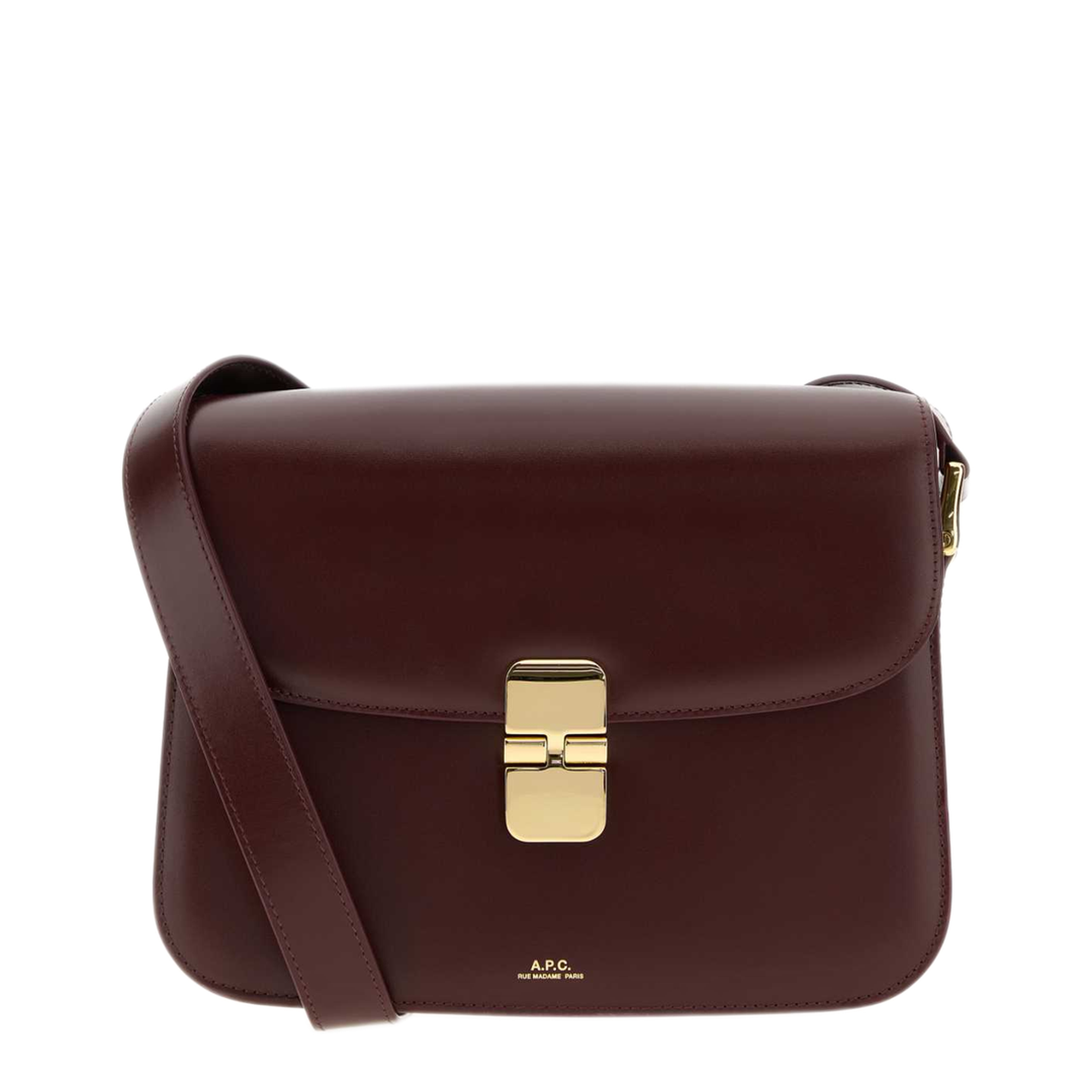 Deep grape-coloured A.P.C. Grace bag in smooth leather with a gold-tone clasp and matching shoulder strap.