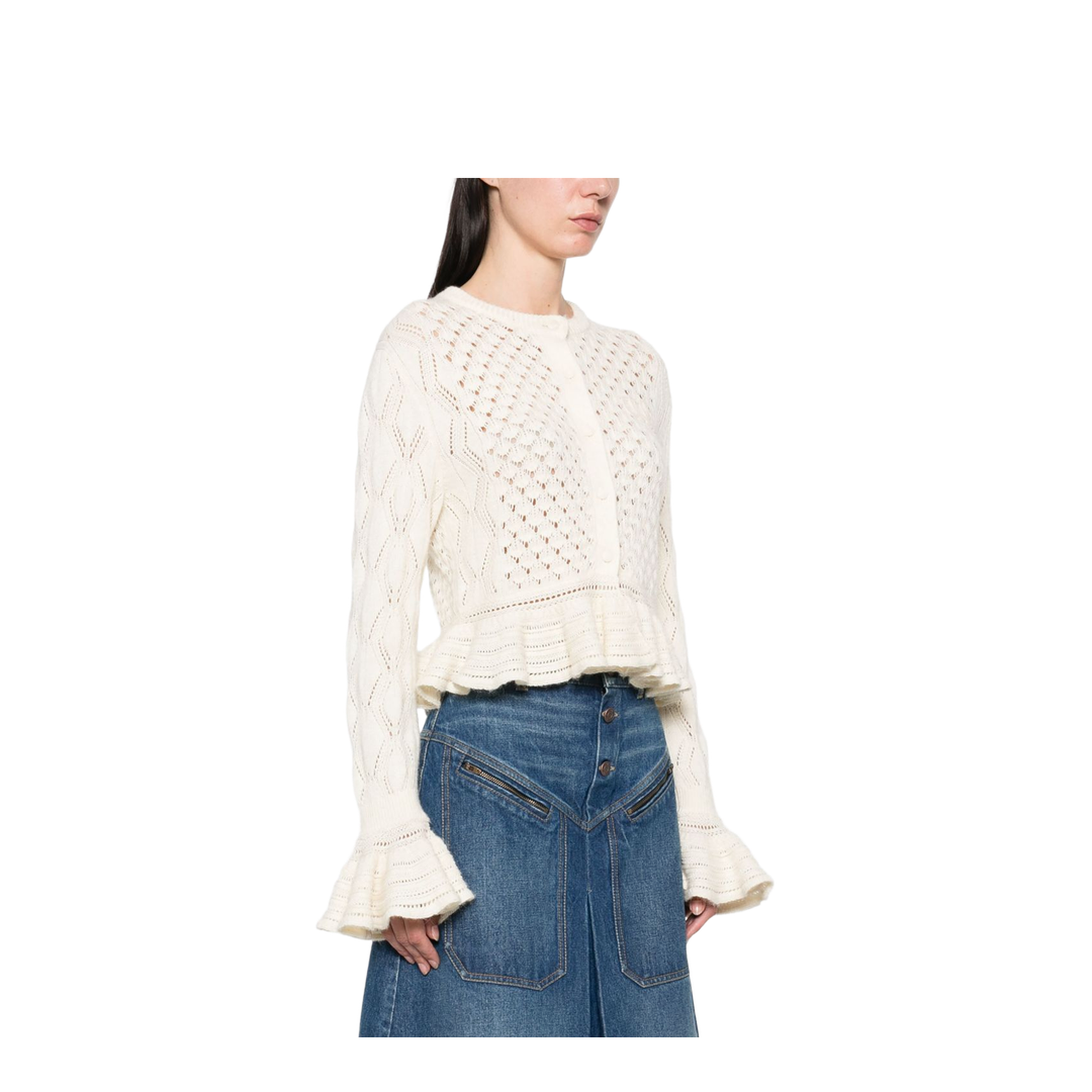 Ruffled Logo Cardigan in Silk, Alpaca & Cotton Knit