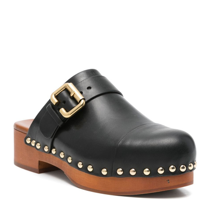 Black Slip-On Clog with Decorative Buckle Detail