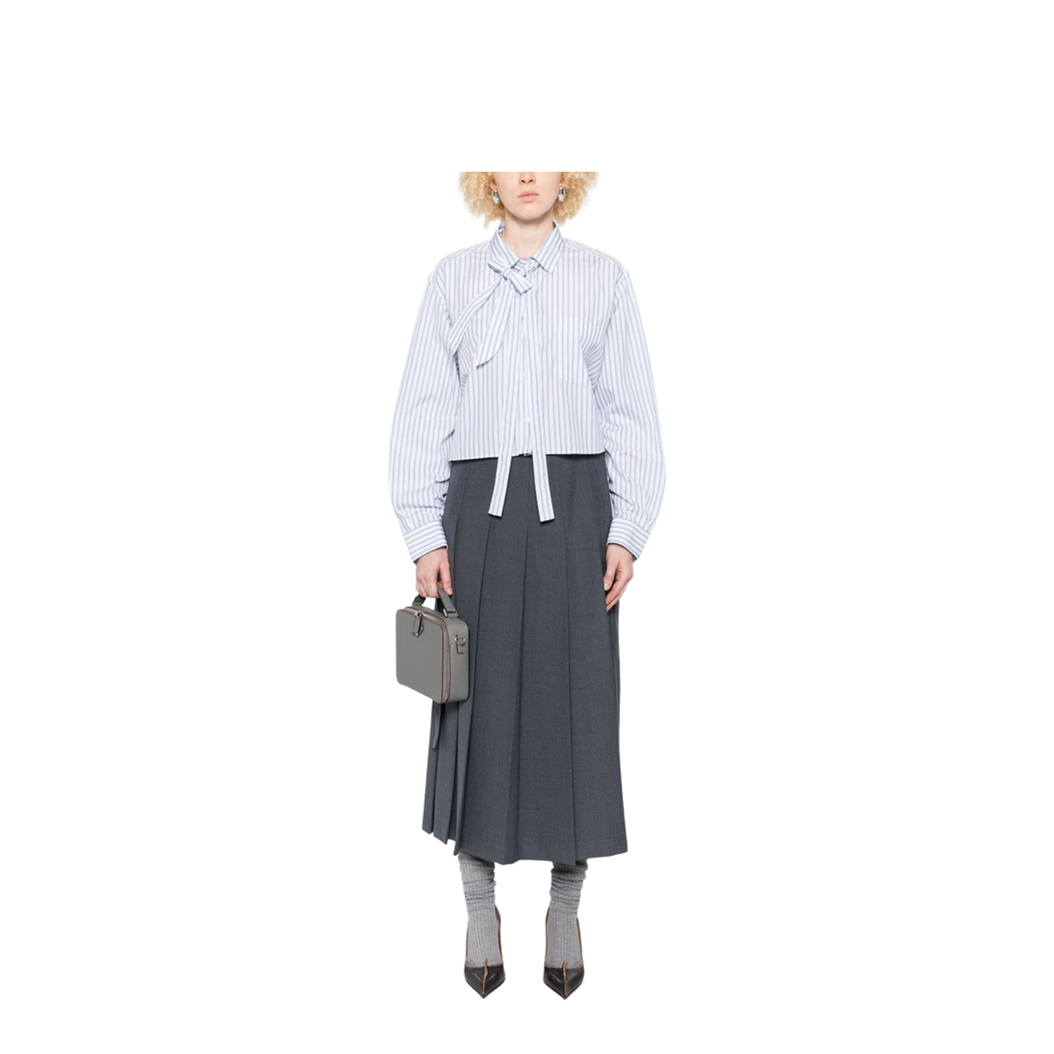 Striped Poplin Short Shirt with Scarf Collar